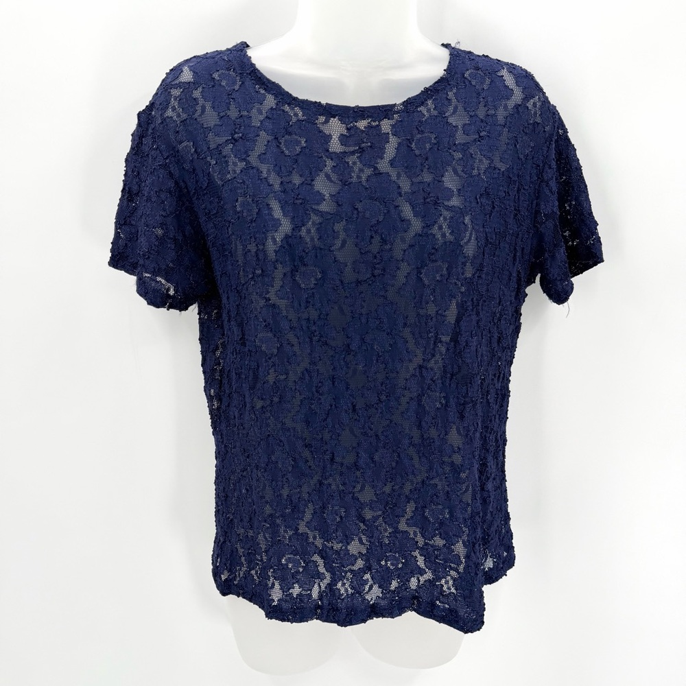 VTG Victoria’s Secret Lace Top Womens L Blue Sheer Nylon Short Sleeve -read